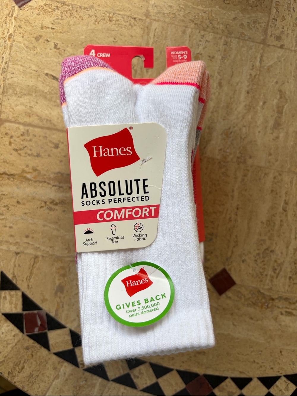 Hanes White Crew Socks with Pink and Orange Trim